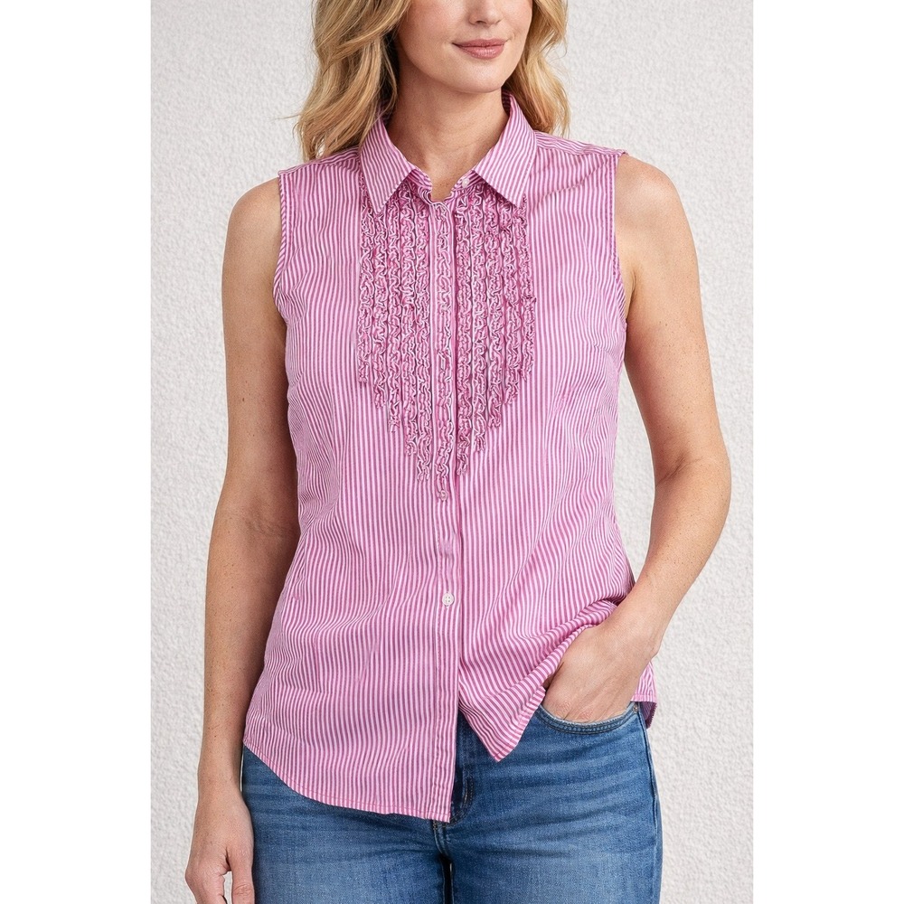 Ralph Lauren Ruffle Shirt Women Size 14 Pink Striped‎ Sleeveless Preppy Coastal